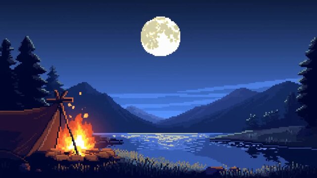 Serene pixel art camping scene by a lake under a full moon. Captures the essence of outdoor adventure and tranquility in nature