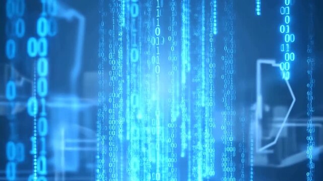 Abstract digital binary code rain on a blue background. Represents data flow, technology, and the digital transformation era