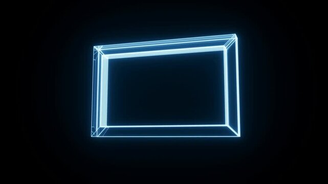 Futuristic 3D wireframe rectangle shape rotating against a dark background. Represents digital design, technology, and modern aesthetics