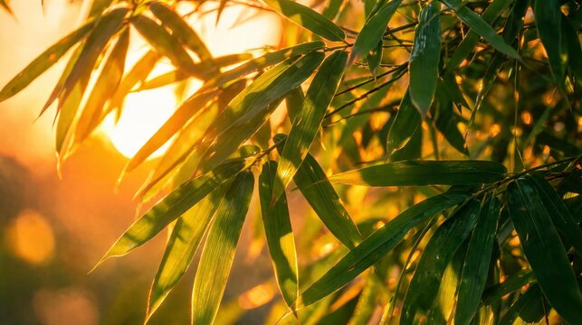 Fresh green bamboo leaves glow brightly under the warm golden light of the setting summer sun