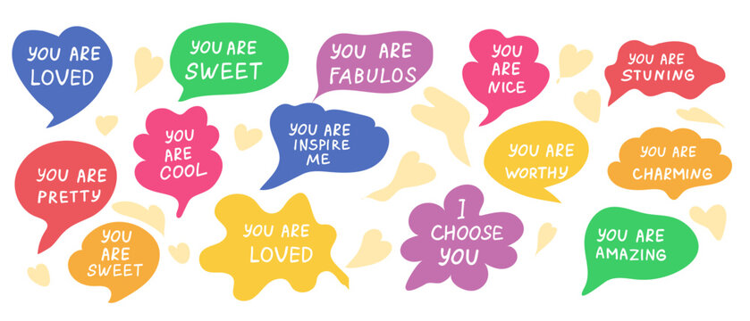 Positive Compliment Stickers with hand written phrases and doodle elements. Self love, motivation or world compliment day elements set. Colorful speech bubbles set with positive words for best friends