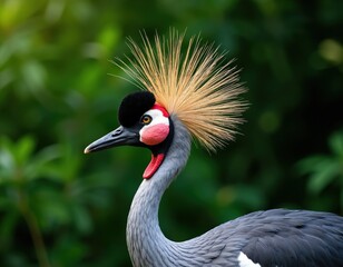 Fototapeta premium Grey crowned crane bird with distinctive head plumes and red cheek patches. Majestic wild animal in natural green foliage background. Elegant creature portrait detail.
