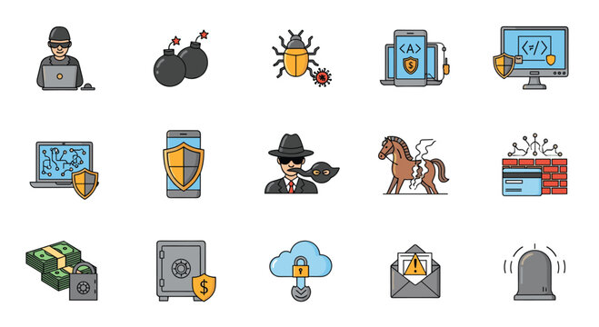 Extensive set of cyber security icons including a hacker virus bug shield trojan horse and secure data symbols for protection.