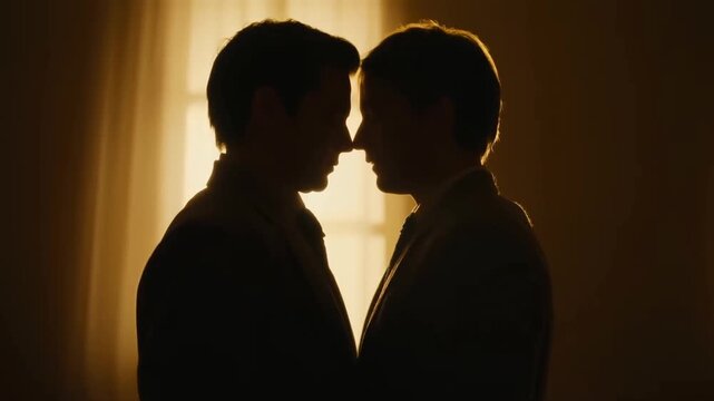 Two men sharing an intimate moment in silhouette against a warm, glowing background. Represents love, connection, and emotional intimacy