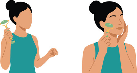 Fototapeta premium Woman Holding Whiskers Cookie and Phone with Copy Space, Flat Vector Illustration in Minimalist Graphic Style