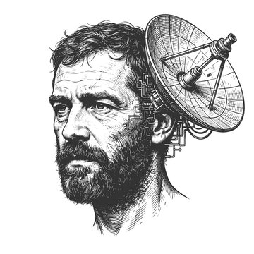 bearded man with satellite dish, circuits, and communication technology integrated into his head sketch engraving generative ai raster illustration. Scratch board imitation. Black and white image.