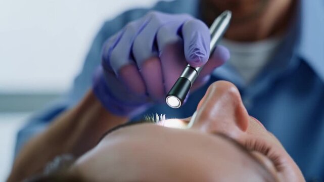 Medical professional examining patient's forehead with a penlight. Ensuring health and safety through thorough examination and care