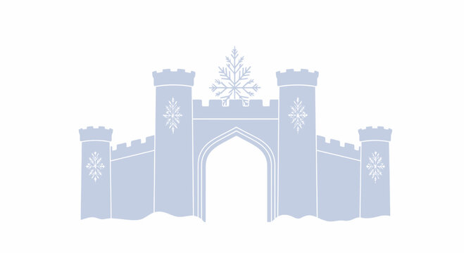 A stylized illustration of a medieval castle gatehouse with towers.