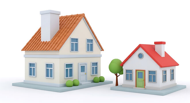 Two small residential houses of different sizes isolated on a white background representing real estate comparison with property building residential comparison miniature architecture investment