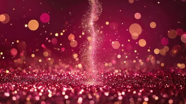 Sparkling glitter particles float and fall on a deep red background