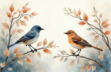 Fototapeta premium Two birds on tree branches with autumn leaves. One blue bird faces left, an orange bird faces right. Delicate foliage, muted colors, soft background, artistic composition.