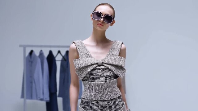 Fashion model showcasing a stylish outfit with oversized sunglasses in a minimalist studio setting. Represents modern fashion trends and personal expression