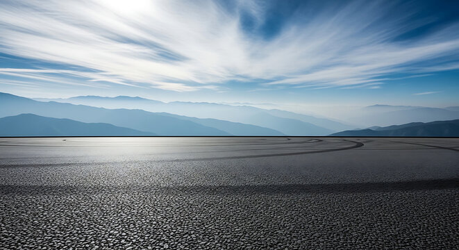 Asphalt road surface view towards distant mountains under a cloudy sky with mountain landscape transportation background pavement adventure wilderness perspective viewpoint