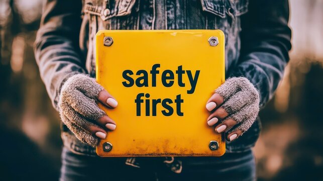 A person is holding a yellow safety shield with the word "safety first" written on it. The shield is likely meant to remind people to prioritize safety in their daily activities