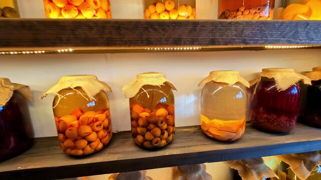 Glass jars contain homemade compotes made with fruits peaches, apricots, and various berries