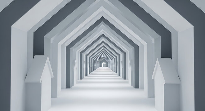Abstract perspective tunnel with repeating house shapes perspective abstract repeating architecture corridor structure geometry interior minimalist infinite backdrop
