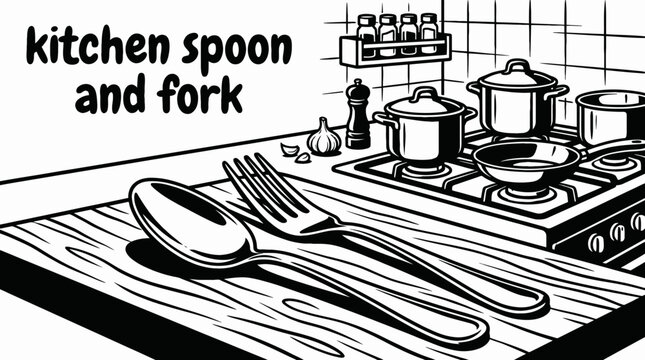 kitchen spoon and frok cooking tool with essential culinary equipment design for food preparation home lifestyle organization and modern commercial vector illustration