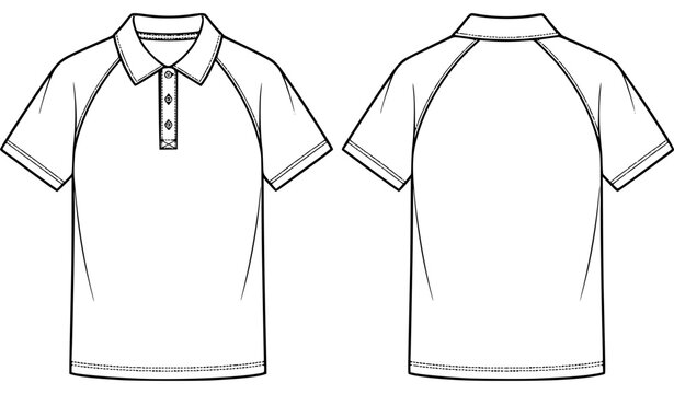 Raglan Sleeve Polo Shirt Technical Fashion Illustration Front and Back CAD Flat Template