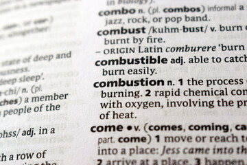 Fototapeta premium Close Up Of English Explanation Dictionary Page Word Of - combustion