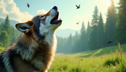 Fototapeta premium Wolf howls in green forest meadow with birds flying overhead. Sunlight filters through pine trees on mountainside creating natural light effect.
