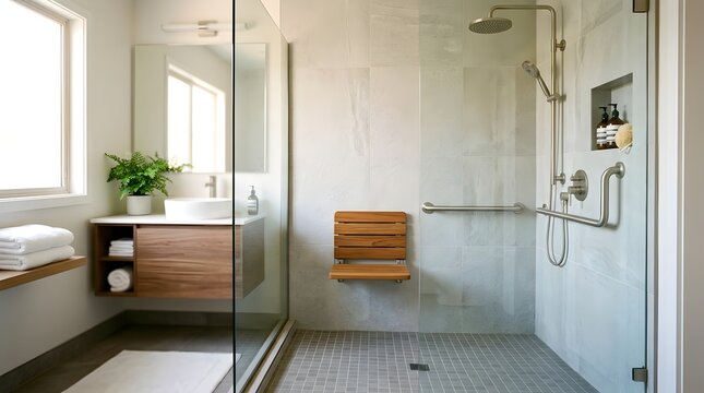 Bright and clean bathroom interior with professional accessibility installations including wall-mounted grab bars for senior safety and handicap support in a modern healthcare environment.