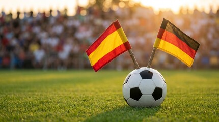 Naklejka premium Soccer ball with spanish and german flags on green field at stadium