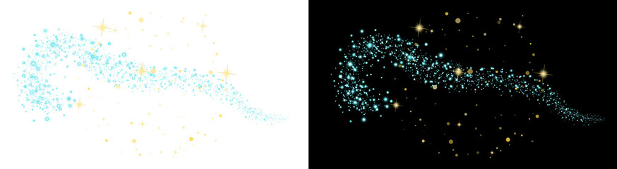 PNG image of Glittering blue magic trail with gold sparkles, shimmering fairy dust wave illustration, glowing stardust particles for fantasy design isolated on Transparent Background © NURUN
