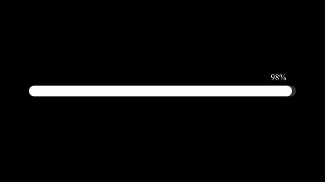 Animated progress bar from zero to hundred increasing percentage animation on black background. Bright loading bar