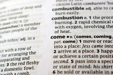 Fototapeta premium Definition Of English Dictionary Close Up Of Page With Word - come