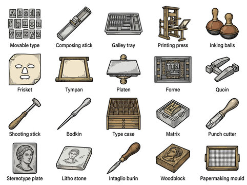 Vintage Printing Press Tools and Equipment Illustration Collection