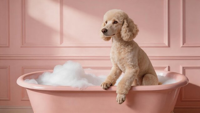 Adorable apricot poodle dog sitting in pink bathtub with white foam bubbles, pet grooming spa concept, cute fluffy animal enjoying bath time, luxury lifestyle for dogs, clean