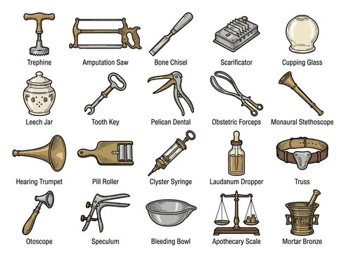Antique Medical Instruments Collection: Vintage Healthcare Tools Illustration
