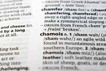 Fototapeta premium English Dictionary Page Close Up With The Word Transcription Of -chamois