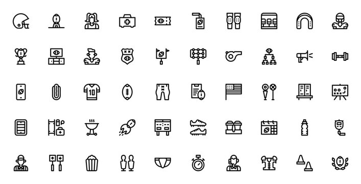 American Football icon set. Sport vector icon set. Minimalist pack. Includes symbols for helmet, football, ball, trophy, goal post, whistle, stadium, scoreboard and more. Editable stroke.