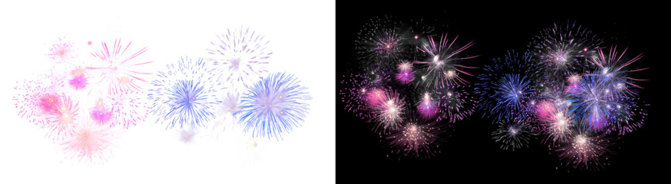 PNG image of Vibrant fireworks display set, colorful pyrotechnic explosions in pink and blue, festive firework celebration elements for holidays isolated on Transparent Background