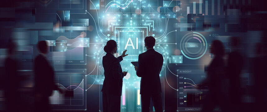 Business Professionals Analyzing AI Technology Data Visualization