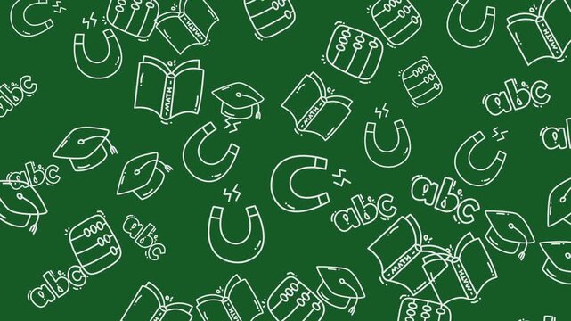 Green blackboard background with magnets, books, hats, abacus, alphabet letters suitable for educational designs, school presentations, and creative projects.
