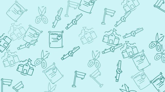 Scattered handdrawn school icons perfect for educational designs. Scissors, wristwatches, paper documents, building, flags, education pattern included.