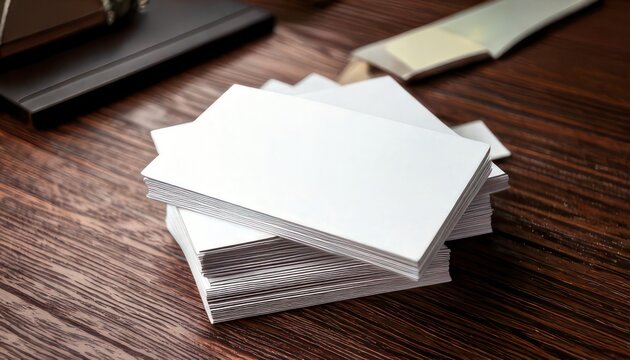 Stack of blank business cards on a wooden table.