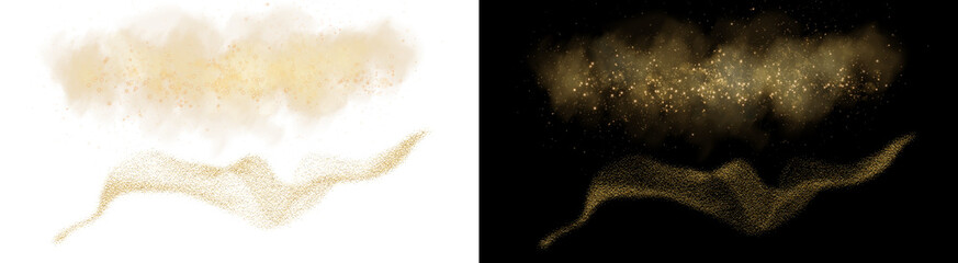 Obraz premium PNG image of Golden dust explosion and shimmering sand wave, sparkling gold powder particles, luxury glitter spray for cosmetic branding and festive design isolated on Transparent Background