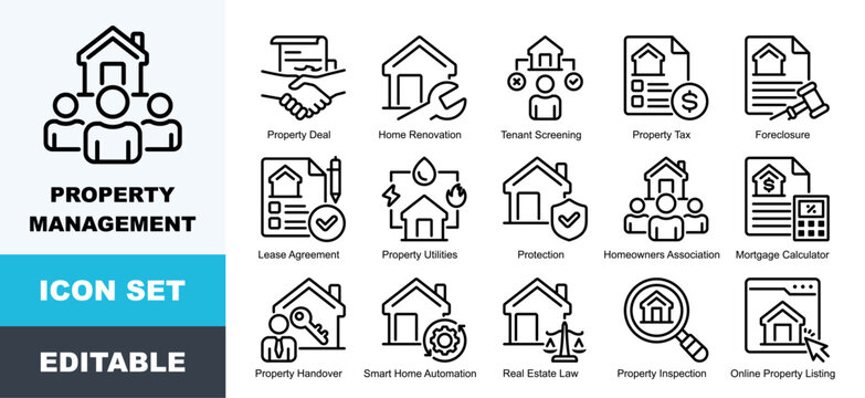Property Management Icon Pack Featuring Architecture, Building, Estate, Home, Housing, Investment, Management, Property