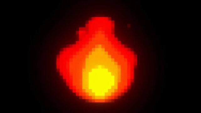 Pixelated flame animation on a black background. Represents warmth, energy, and the essence of fire in digital art