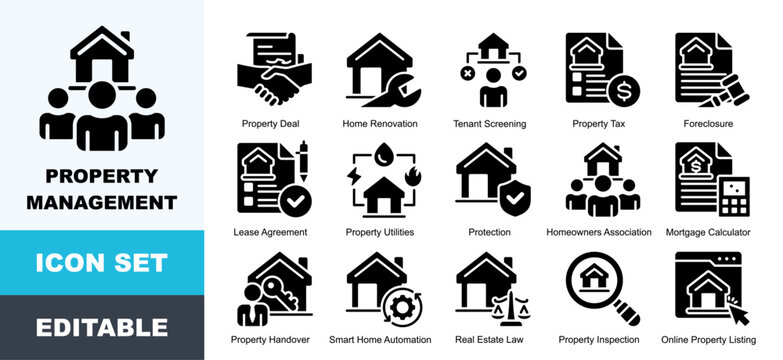 Property Management Icon Pack Featuring Architecture, Building, Estate, Home, Housing, Investment, Management, Property