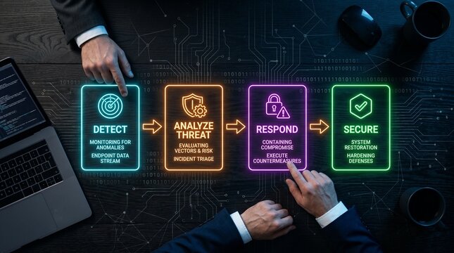 Cybersecurity process concept with detect, analyze, respond, and secure steps