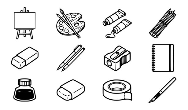Minimalist Art Supplies Clipart Bundle, 12 Black and White Vector Line Art Designs of Easel, Paint Palette, and Pencils, Clean Outline Studio Sticker and KDP Interior Set