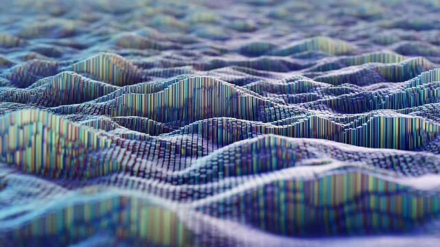 Abstract 3D landscape with colorful wave patterns and textures. Represents digital art, innovation, and modern design concepts