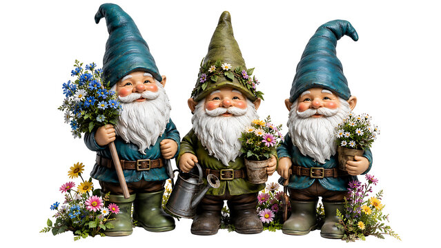 Three Garden Gnomes Standing Together with Flowers and Tools Isolated on White