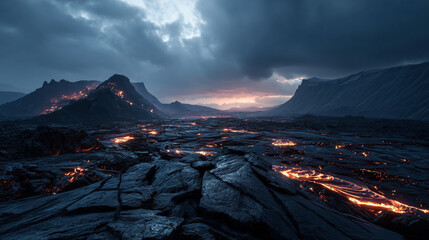 Fototapeta premium ultra realistic volcanic lava maze stretching to the horizon, twisted black rock formations creating intricate natural patterns, moody clouds overhead, cinematic landscape photography.
