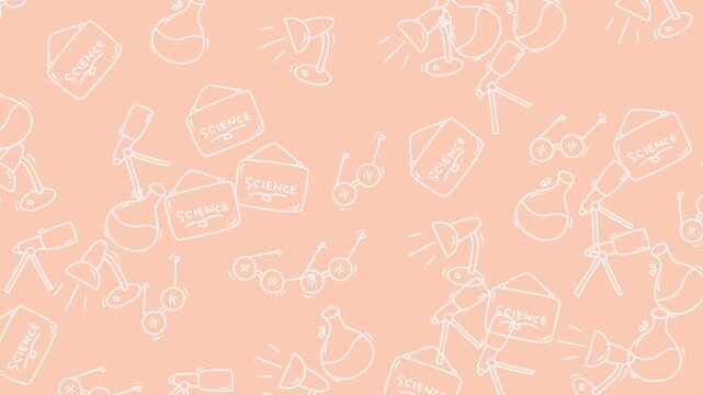 White science icons light bulbs flasks eyeglasses telescopes envelopes peach background pattern wallpaper. Suitable for academic presentations and scientific publications.