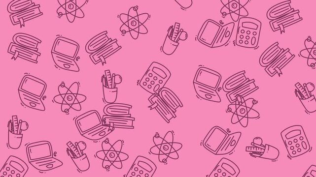 Pink and purple school supply pattern for educational designs and stationary, suitable for backtoschool promotions and classroom decor.